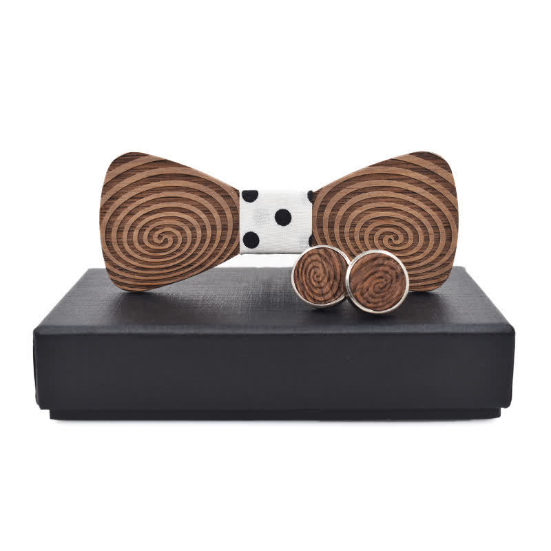 2Pcs Men's Hypnosis Swirl Printing Wooden Bow Tie Set