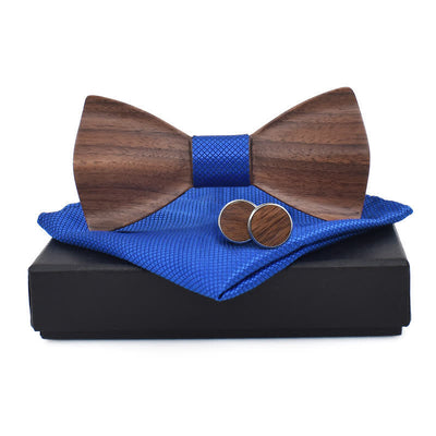 3Pcs Men's Plain Checkered Wooden Bow Tie Set