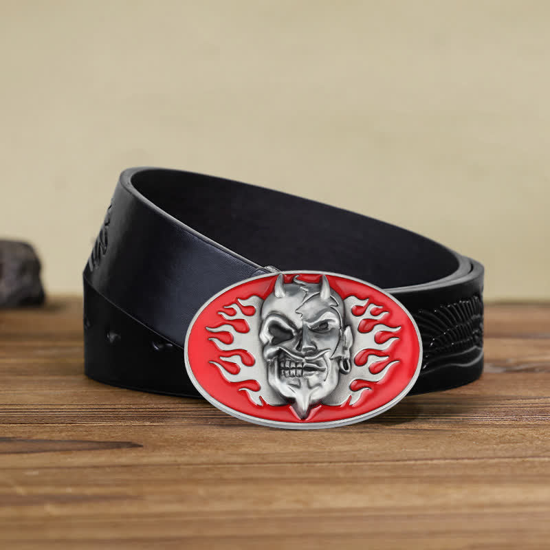 Men's DIY Red Flame Devil Skull Buckle Leather Belt