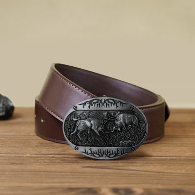 Men's DIY Wild Fighting Deer Buckle Western Leather Belt