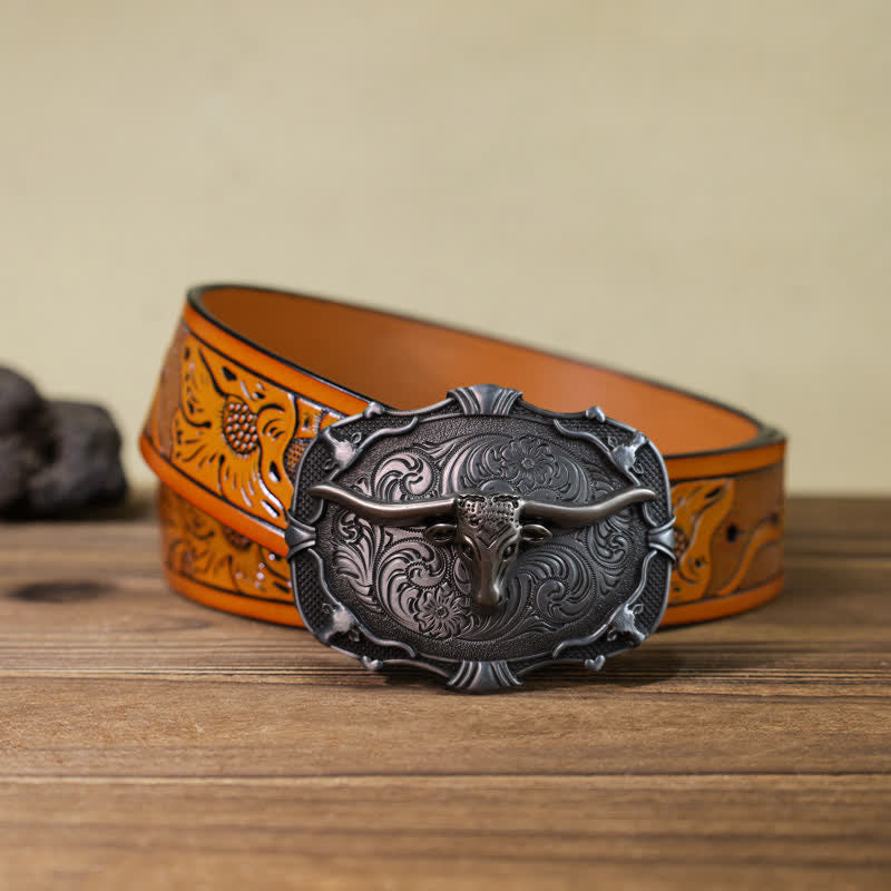 Men's DIY Silver Longhorn Bull Square Buckle Leather Belt