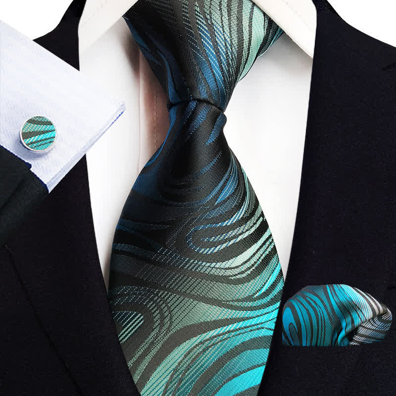 3Pcs Men's DarkCyan Wavy Ripple Necktie Set