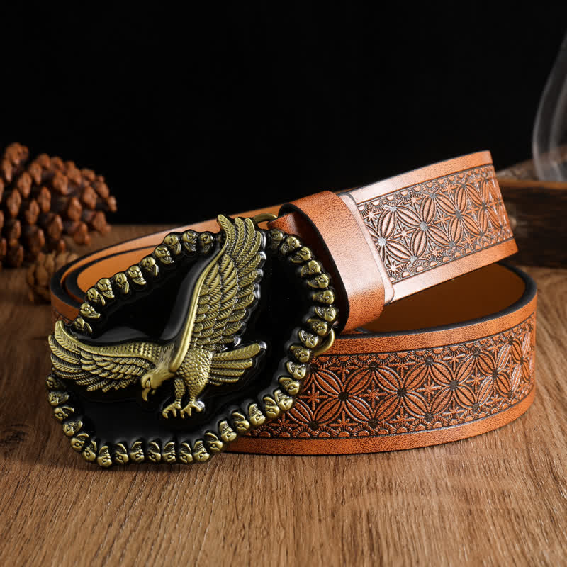 Men's Antique Gold Eagle Soaring Hawk Leather Belt