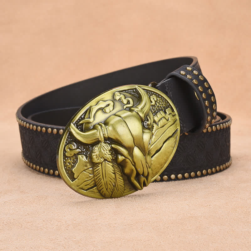 Men's Bull Head Buckle Rivet Decor Leather Belt