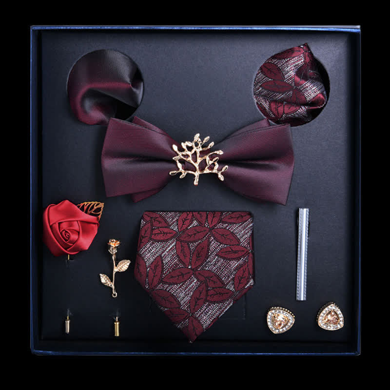 8Pcs Burgundy Floral Casual Necktie Bow Ties Gift Box