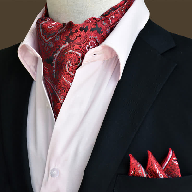 2Pcs Red Luxury Floral Paisley Pocket Square and Cravat Set