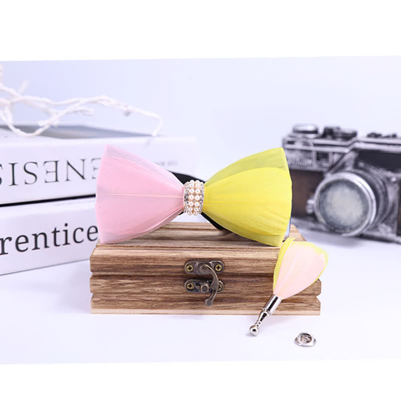 Pink & Yellow Shiny Pearl Feather Bow Tie with Lapel Pin