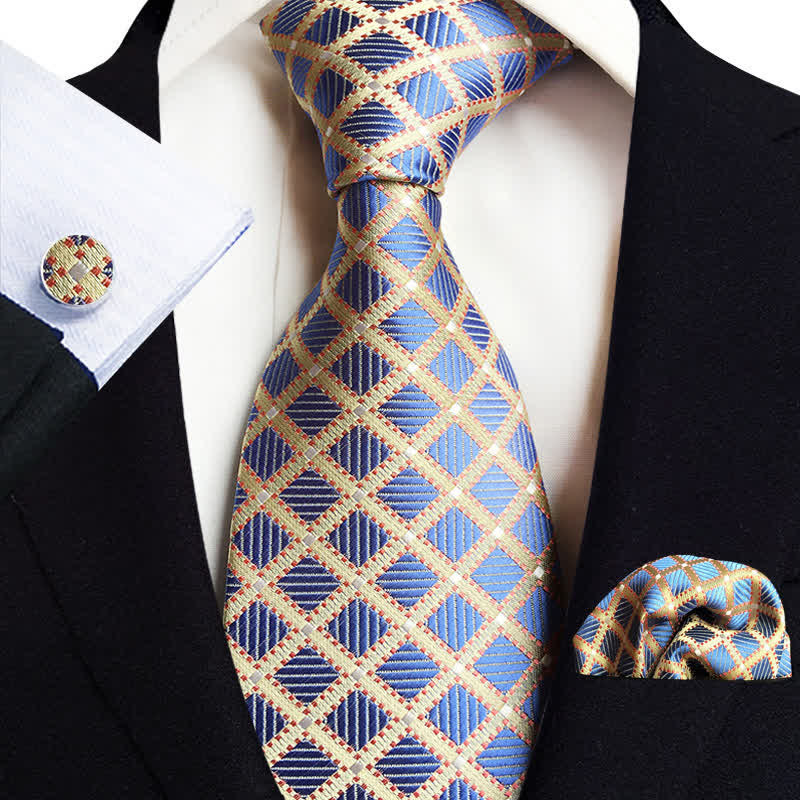 3Pcs Men's Luminous Blue Checked Necktie Set
