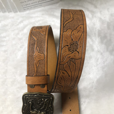 Men's Western Totem Bull Head Leather Belt