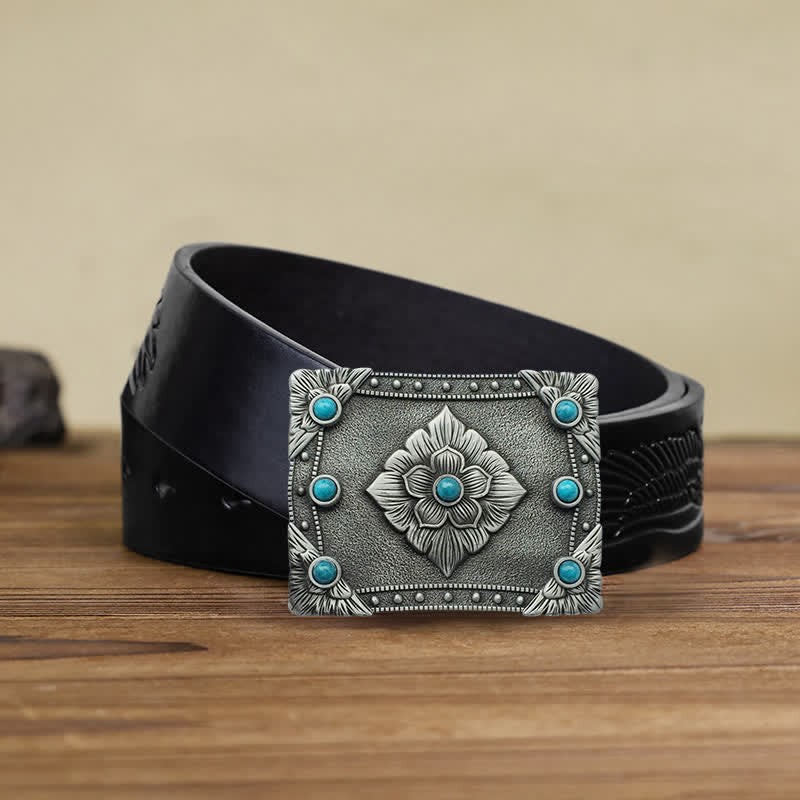 Men's DIY Western Turquoise Rectangular Buckle Leather Belt