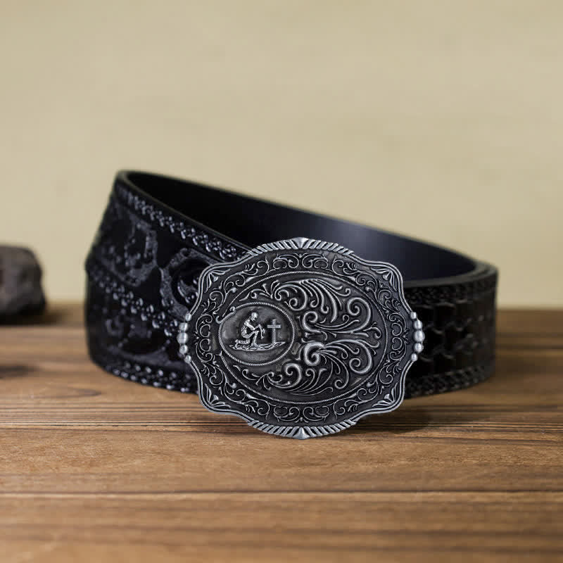 Men's DIY Engraved Floral Earnest Prayer Buckle Leather Belt