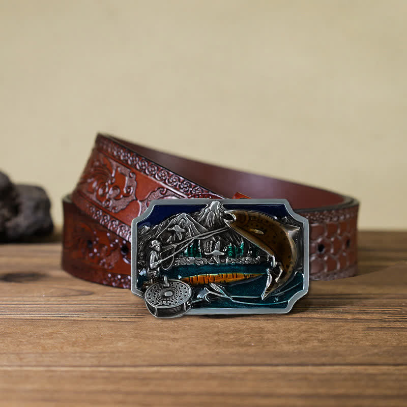 Men's DIY Fishing Enamel Rectangle Buckle Leather Belt