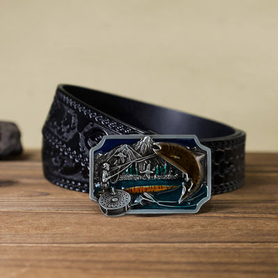Men's DIY Fishing Enamel Rectangle Buckle Leather Belt