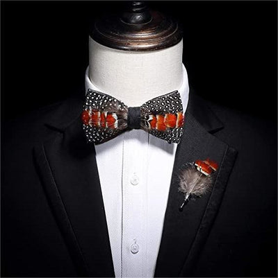 Orange & Black White Polka Feather Bow Tie with Lapel Pin
