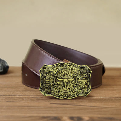 Men's DIY Long Horn Bull Arrow Buckle Leather Belt