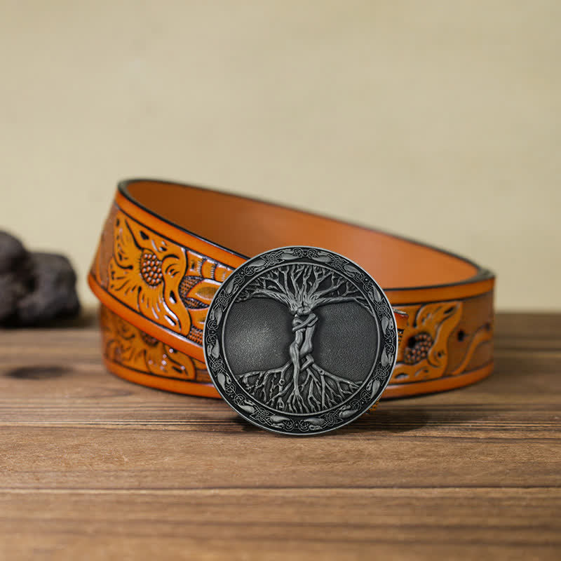 Men's DIY Tree Of Life Ash Elm Buckle Leather Belt