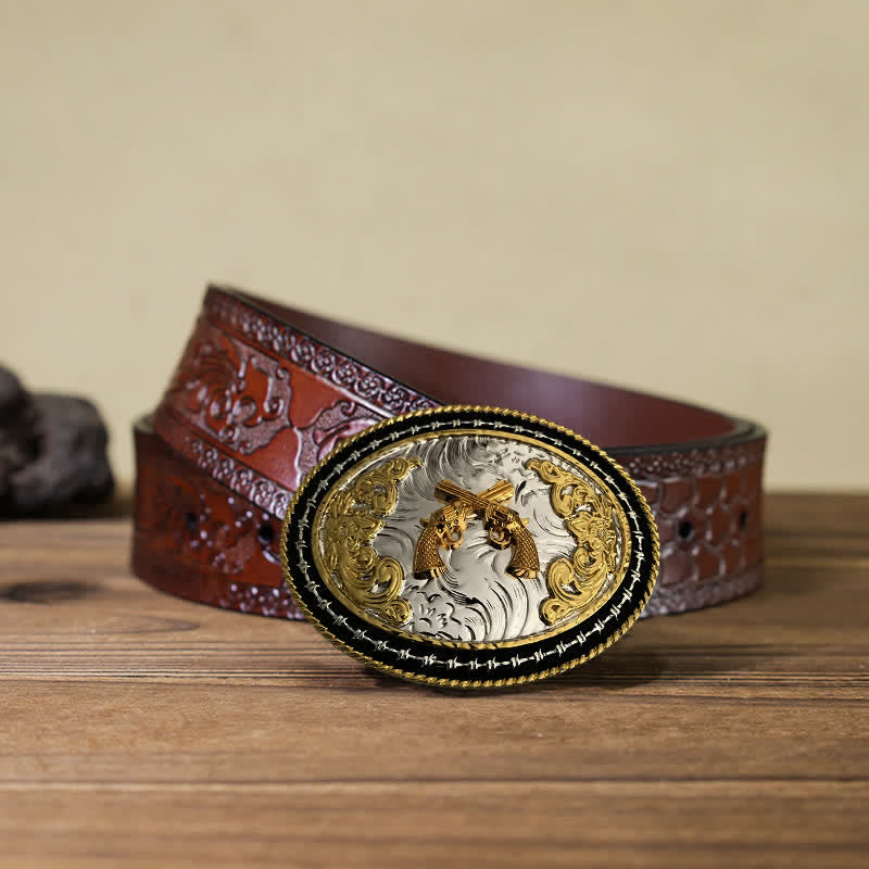 Men's DIY Western Cowboy Golden Oval Buckle Leather Belt