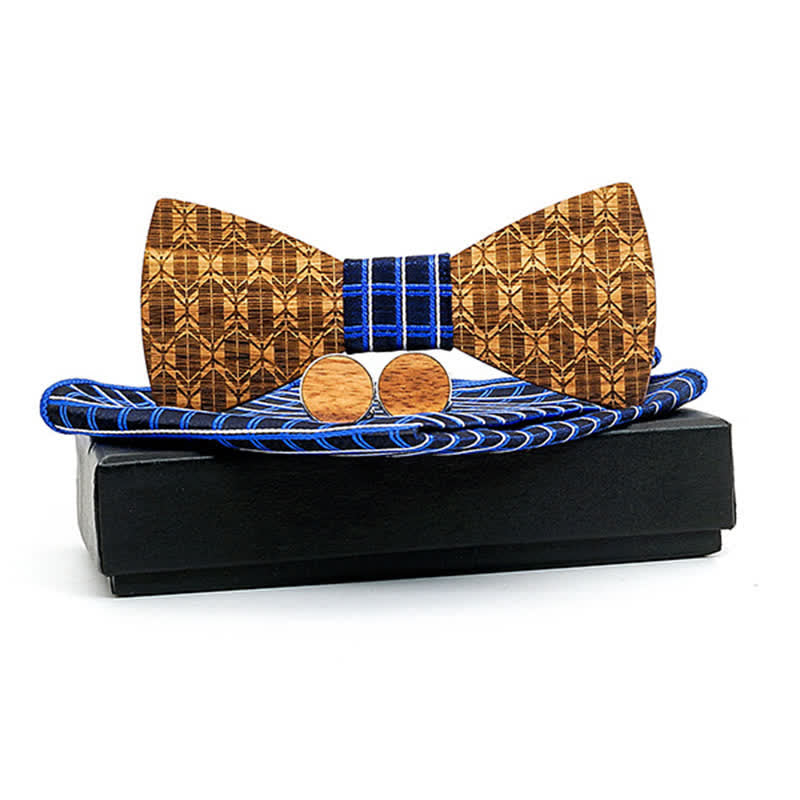 3Pcs Men's Carving Crown Wooden Bow Tie Set