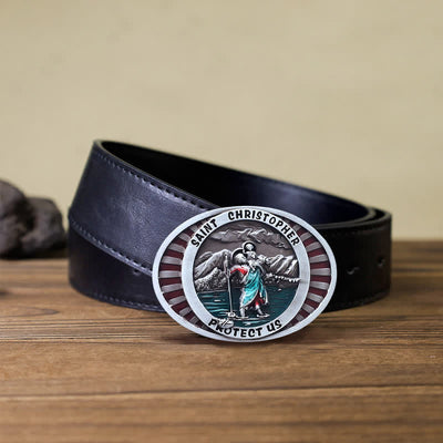 Men's DIY Saint Christopher Protect Us Buckle Leather Belt