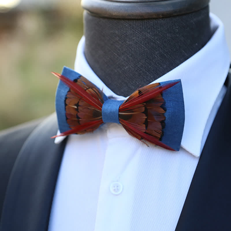Brown Pheasant Intersected Red Feather Bow Tie
