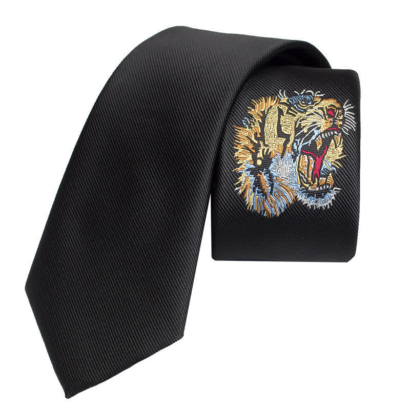 Men's Black Embroidery Tiger Necktie