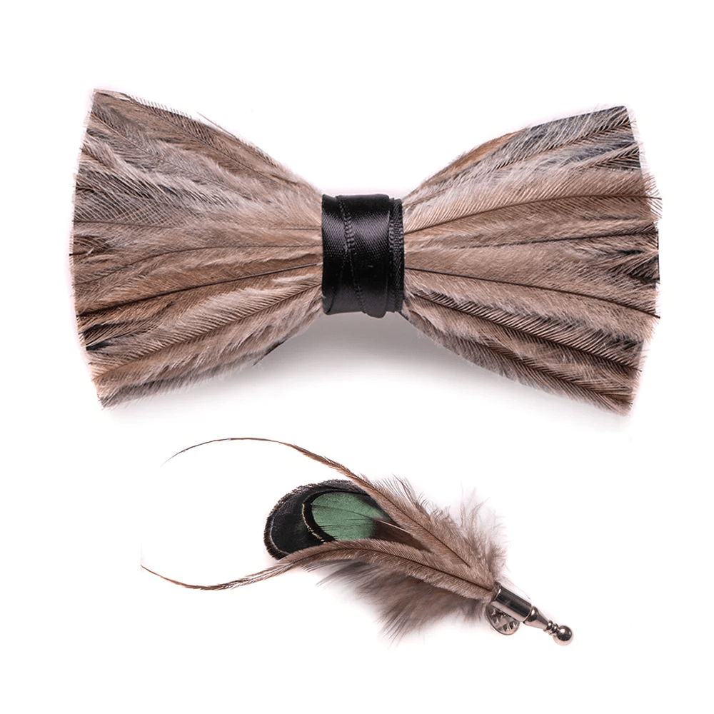 Brown & Gray Peace Feather Bow Tie with Lapel Pin