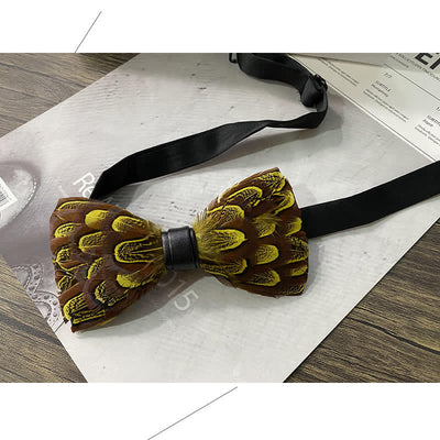 Yellow & Umber Pheasant Feather Bow Tie with Lapel Pin