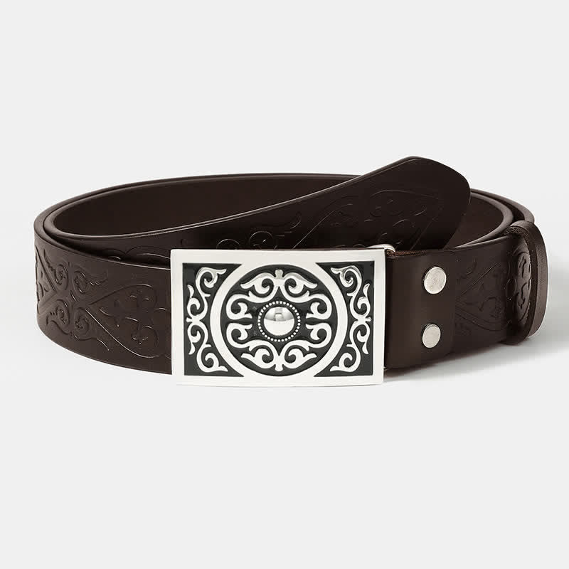 Western Carved Square Buckle Embossed Leather Belt