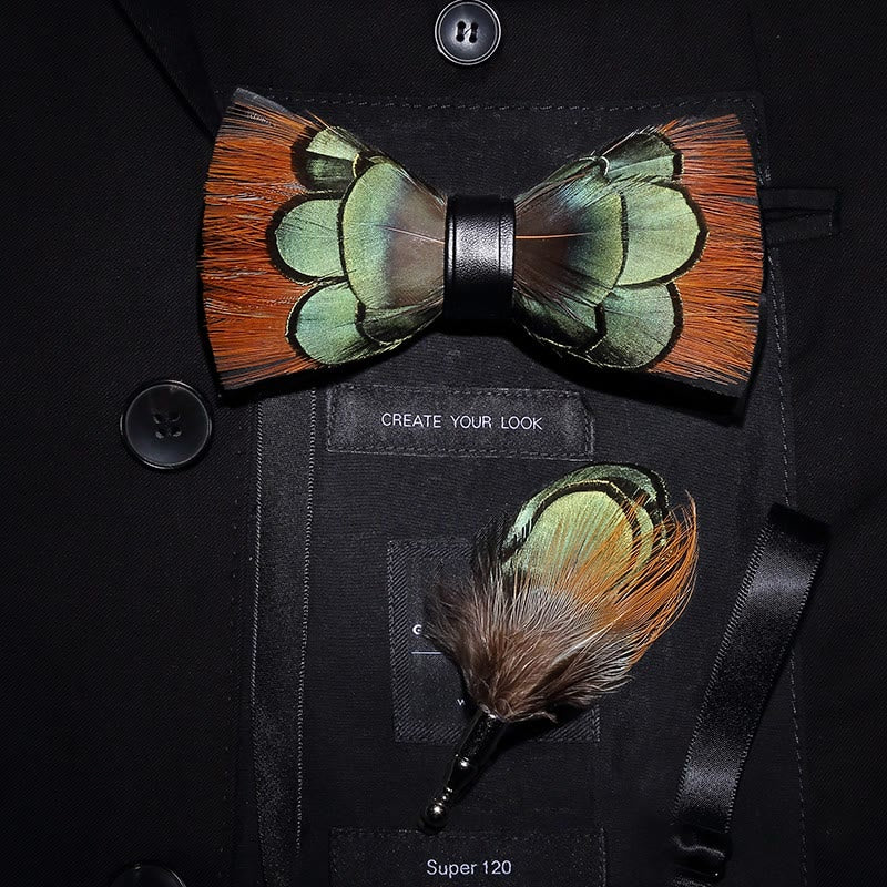 Lightgreen & Brown Feather Bow Tie