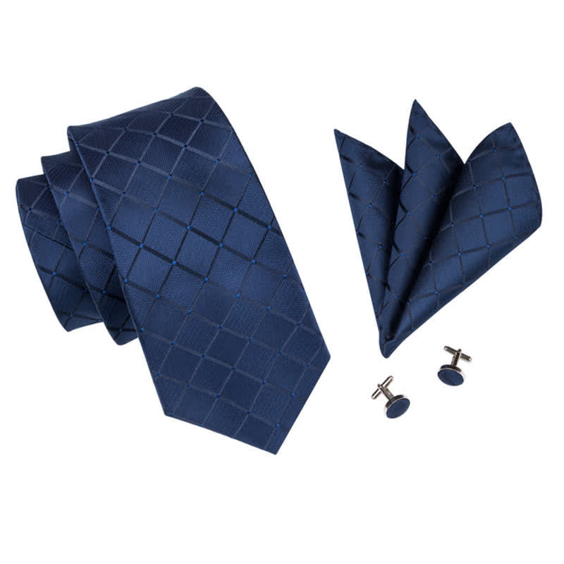 3Pcs Men's Marine Blue Plaid Necktie Set