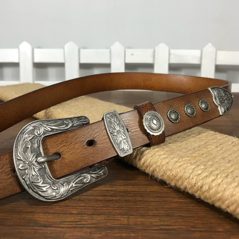 Vintage Carved Flower Buckle Rivet Studded Leather Belt