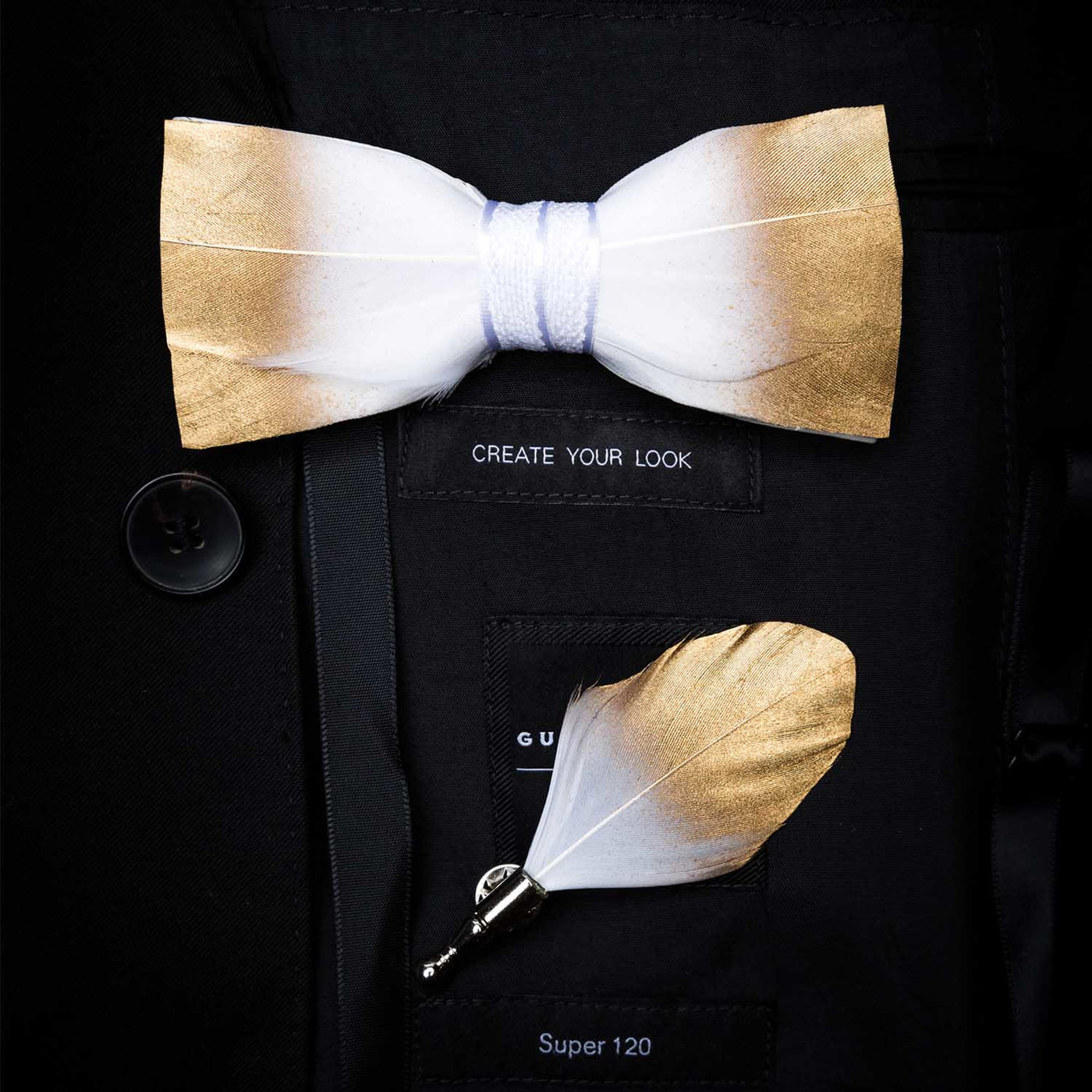 Gold & White Classic Feather Bow Tie with Lapel Pin