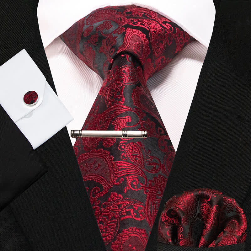 4Pcs Crimson & Black Men's Exquisite Paisley Necktie Set