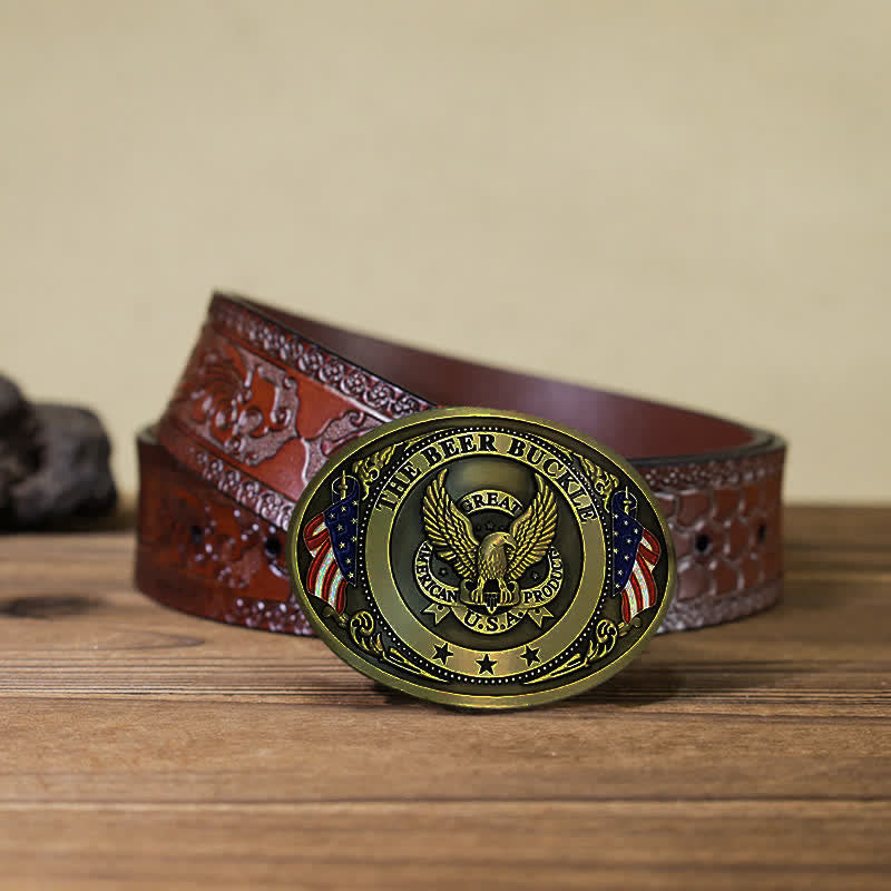 Men's DIY Eagle USA Flag Creative Beer Holder Buckle Leather Belt