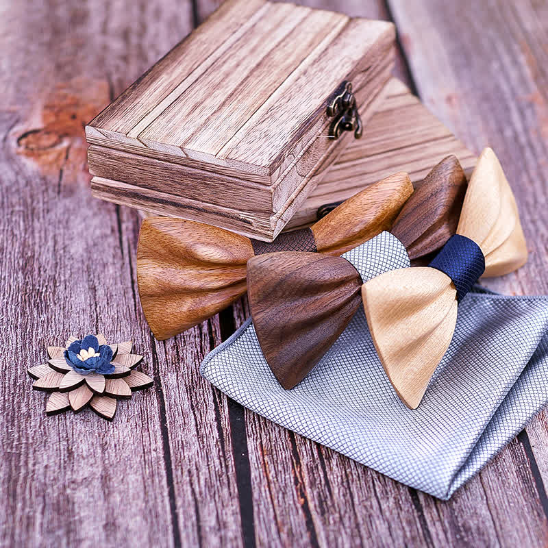 3Pcs Men's Hand Carved Crease Wooden Bow Tie Set