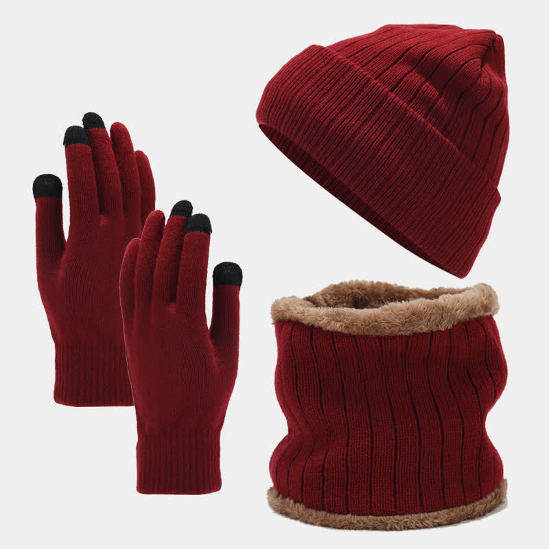 3Pcs Unisex Thickened Twill Knit Hat Scarf Gloves Set