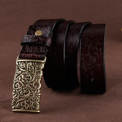 Women's Retro Embossed Hollow Flower Buckle Leather Belt