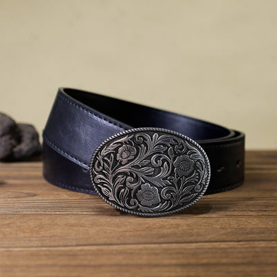 Men's DIY Classical Floral Oval Buckle Leather Belt