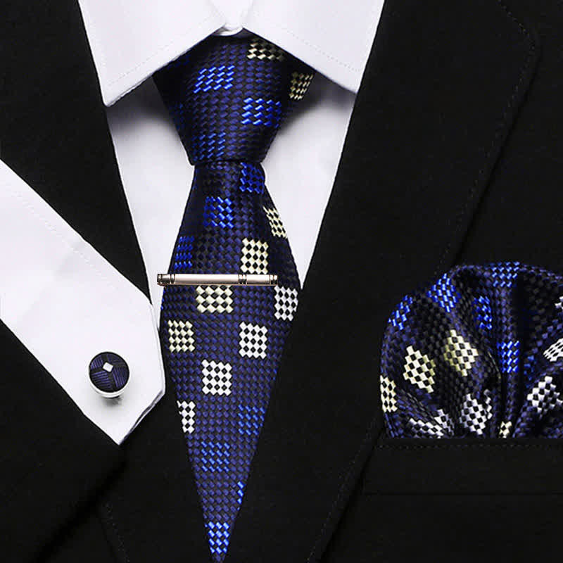 4Pcs Blue & Yellow Men's Modern Plaid Necktie Set