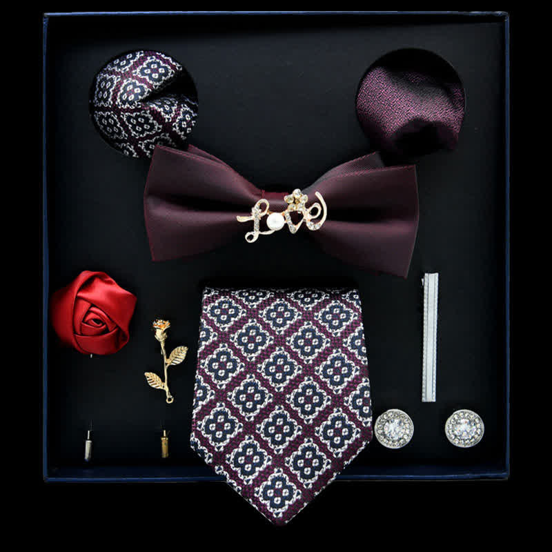 8Pcs Burgundy&White Floral Casual Necktie Bow Ties Gift Box