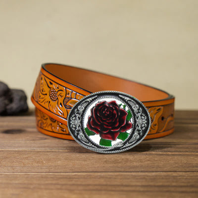 Men's DIY Western Colorful Rose Buckle Leather Belt