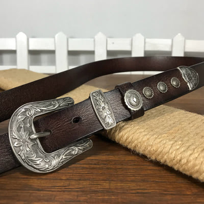 Vintage Carved Flower Buckle Rivet Studded Leather Belt