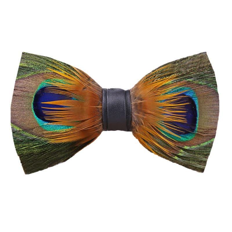 Green Peafowl Eyes Feather Bow Tie with Lapel Pin