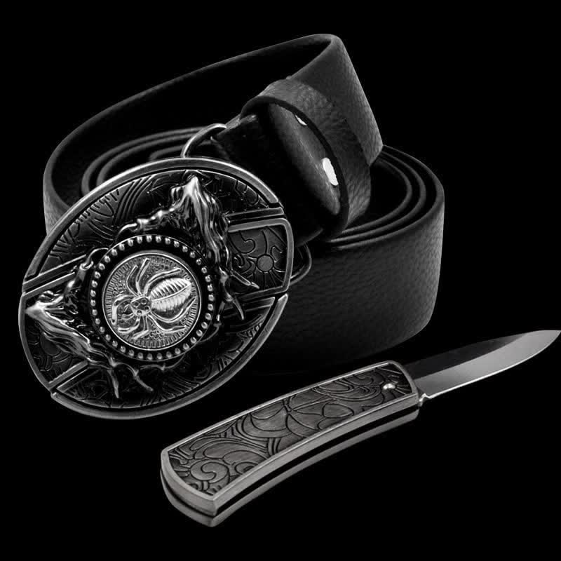 Men's Rotating Spider Leather Belt With Folding Knife