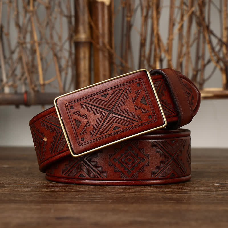 Men's Square Buckle Engraving Totem Pattern Leather Belt