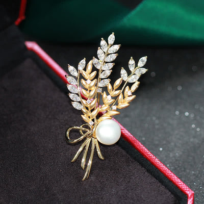 Women's Dazzling Pearl Zirconia Wheat Brooch