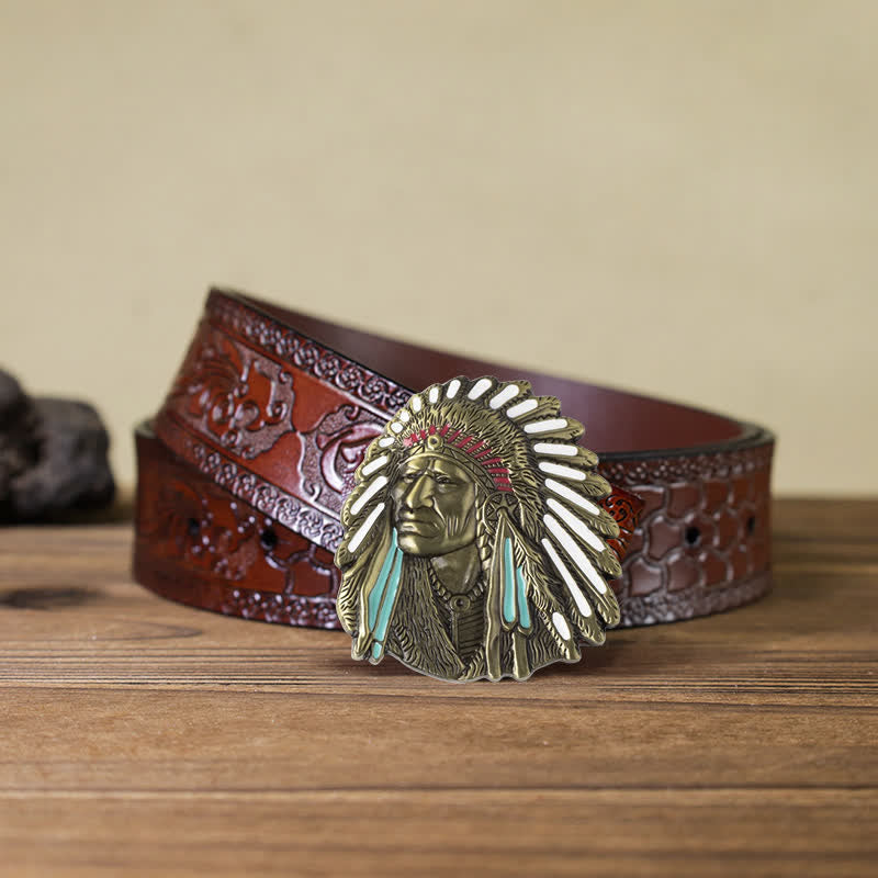 Men's DIY Colored Indian Chief Buckle Leather Belt