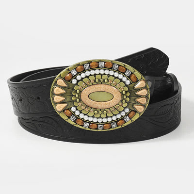 Men's Ethnic Rhinestone Faux Pearl Decor Leather Belt