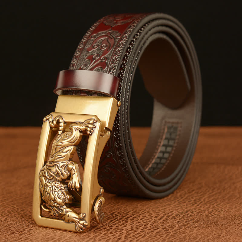 Men's Tiger Buckle Floral Embossed Leather Belt