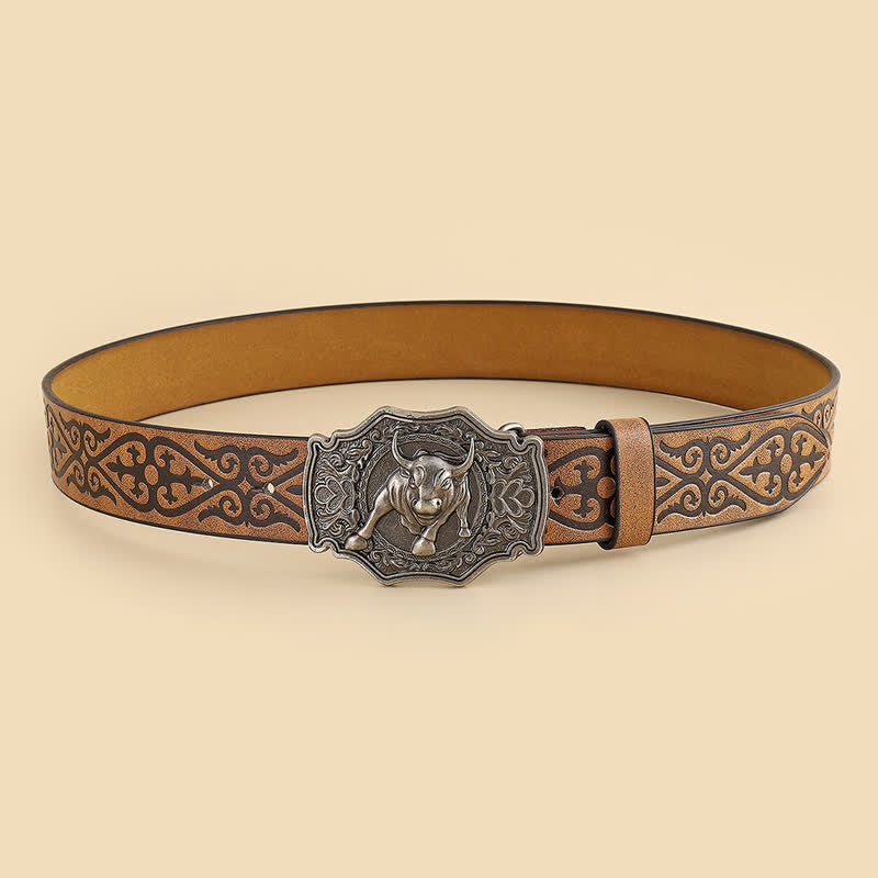 Men's Yak Matador Bull Engraved Floral Leather Belt
